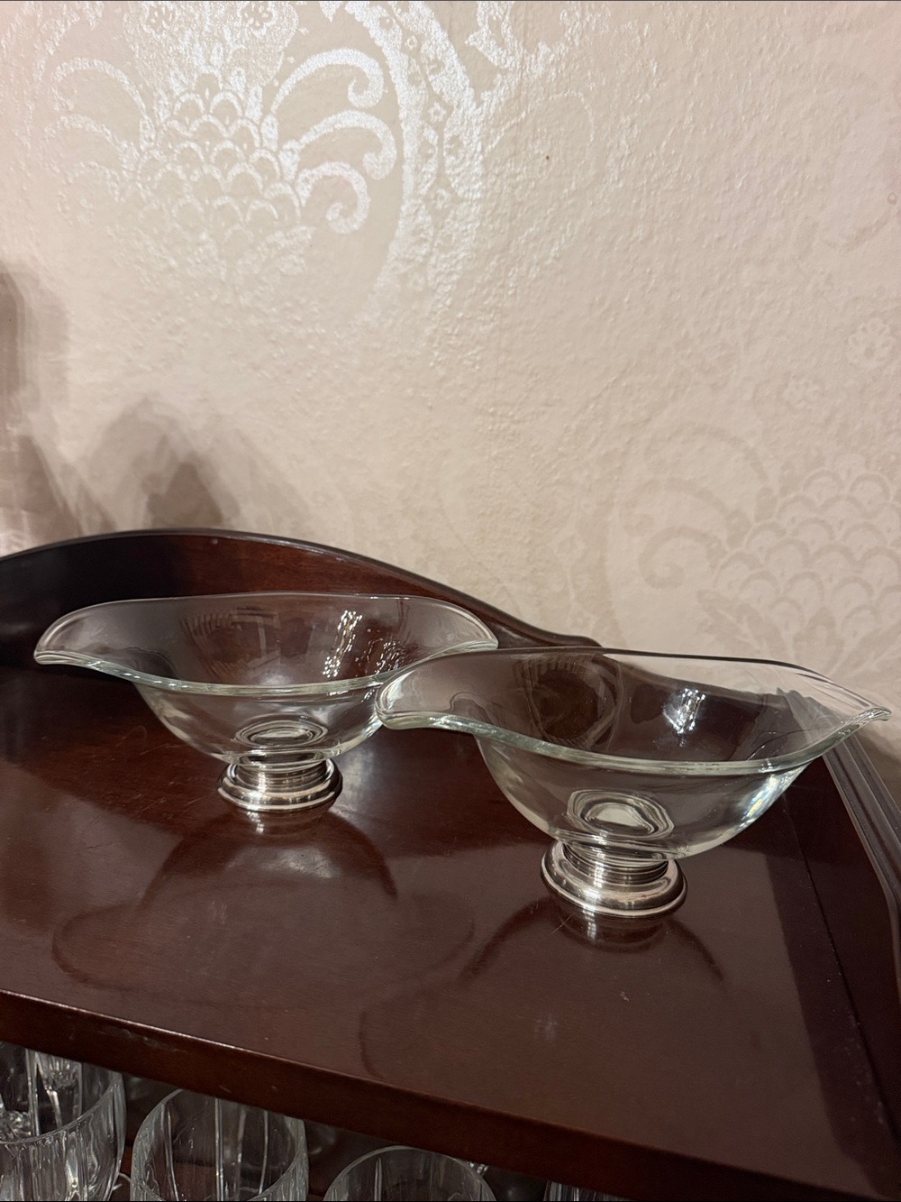 Pair Clear Glass Serving Bowls with Sterling Silver base Pedestal